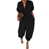 Women's One Piece Button Up Jumpsuit Casual Loose Belt Short Sleeve Onesies Rompers with Pockets