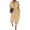 Women's One Piece Button Up Jumpsuit Casual Loose Belt Short Sleeve Onesies Rompers with Pockets