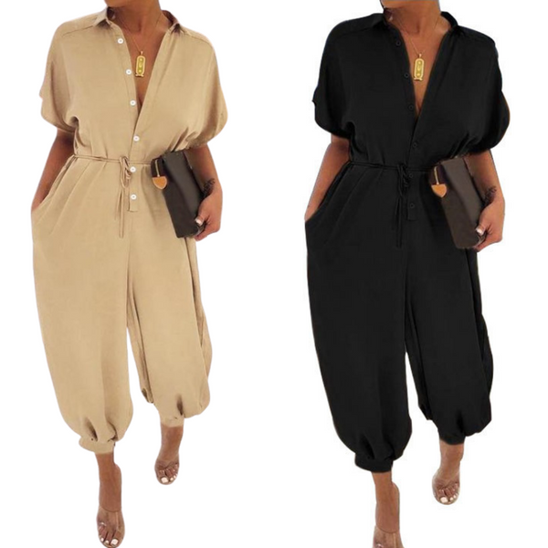 Women's One Piece Button Up Jumpsuit Casual Loose Belt Short Sleeve Onesies Rompers with Pockets