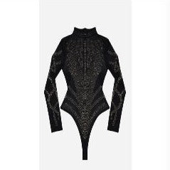 Black &  Gold Rhinestone  Mesh Long Sleeves Bodysuit