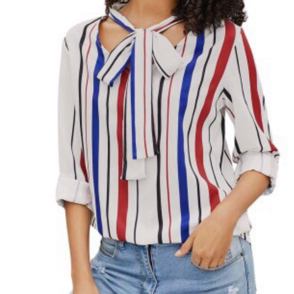 Bow top striped royal blue blouse