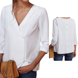 Three quarter sleeve v-neck button back blouse