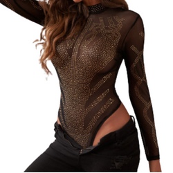 Black &  Gold Rhinestone  Mesh Long Sleeves Bodysuit