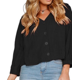 Chunky linen black button up v-neck top.