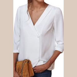 Three quarter sleeve v-neck button back blouse