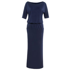 Navy Solid Color Loose Side Pockets Summer Dress Women Maxi Dresses