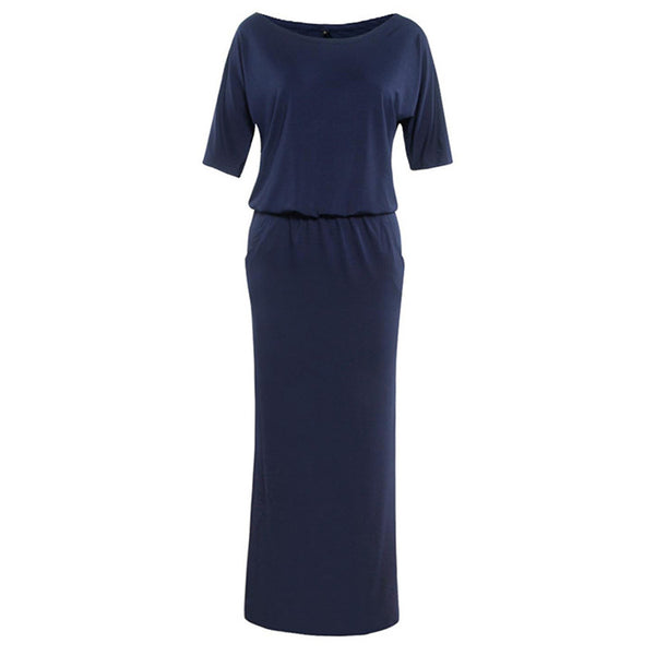 Navy Solid Color Loose Side Pockets Summer Dress Women Maxi Dresses