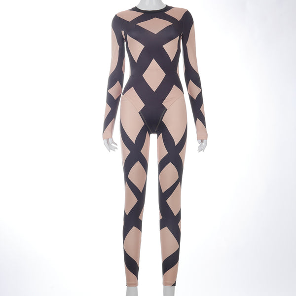 OC Ribbon Printed Round Collar Jumpsuit