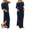 Navy Solid Color Loose Side Pockets Summer Dress Women Maxi Dresses