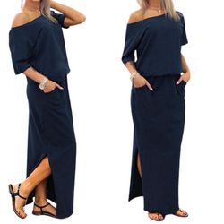 Navy Solid Color Loose Side Pockets Summer Dress Women Maxi Dresses